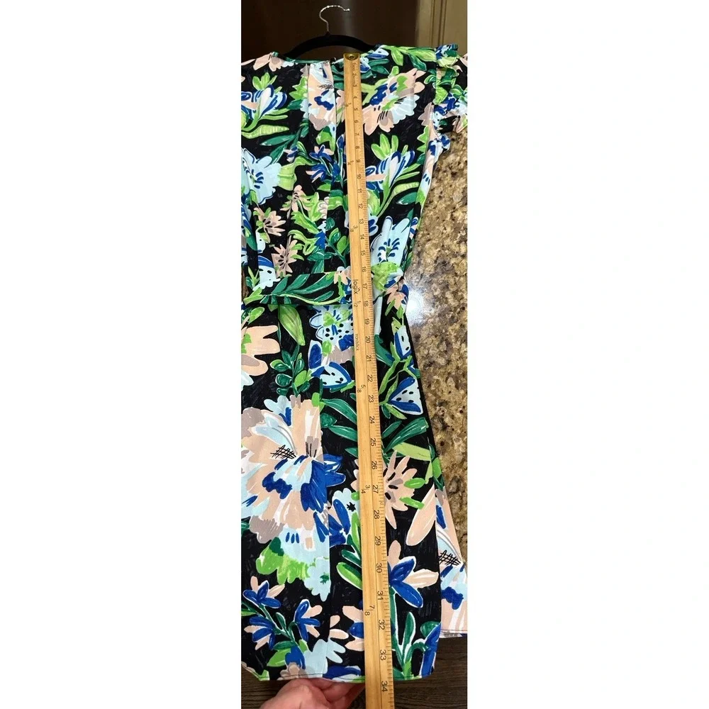 Kate Spade Full Bloom Belted Dress Ruffle Sleeves Floral Green‎ Blue Size 6